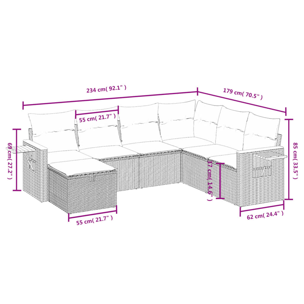 Salon de jardin avec coussins 7 pcs gris résine tressée