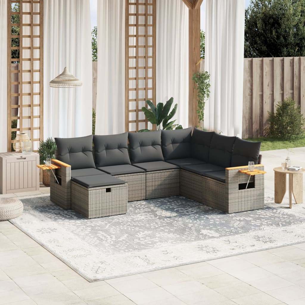 Salon de jardin avec coussins 7 pcs gris résine tressée