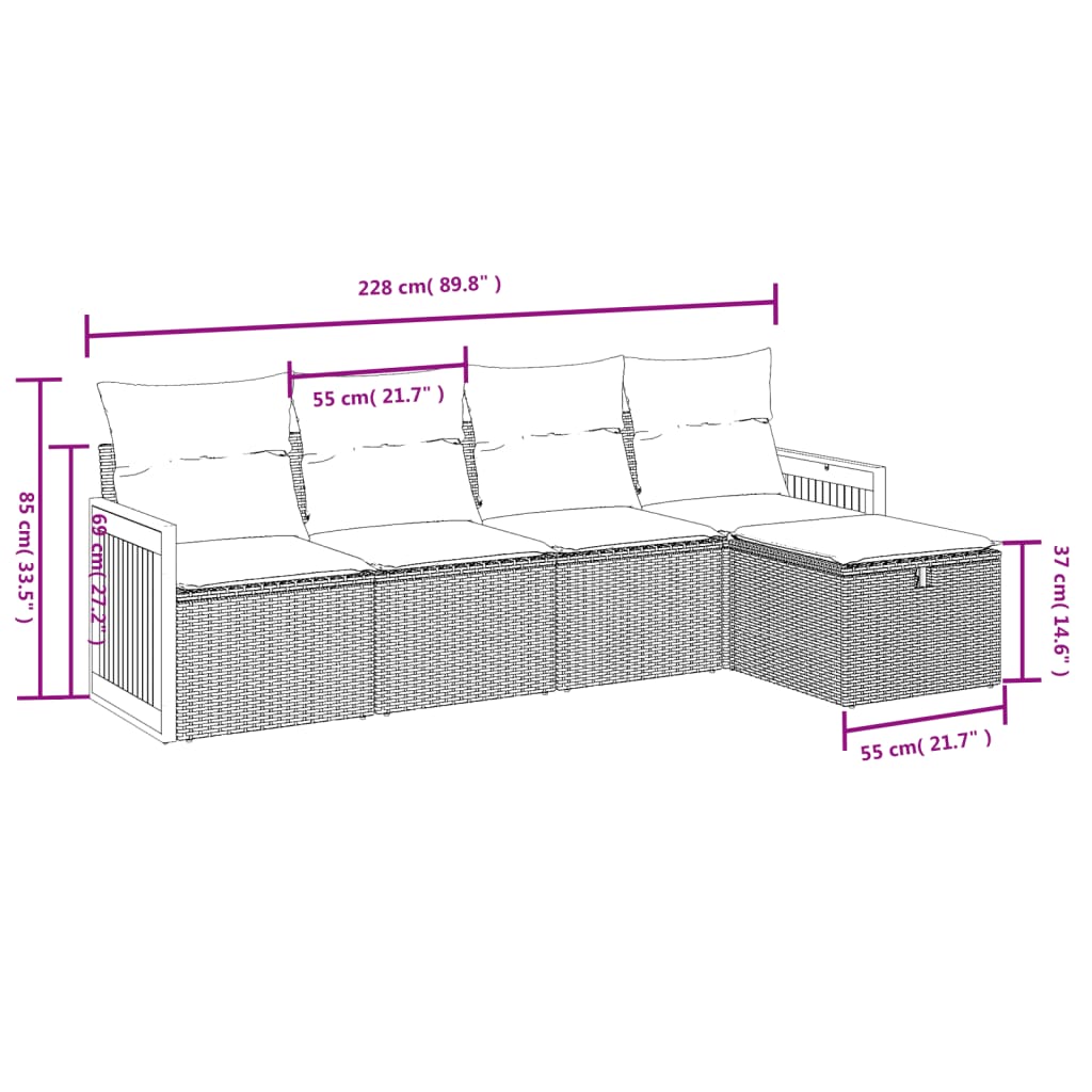 Salon de jardin 5 pcs avec coussins gris résine tressée