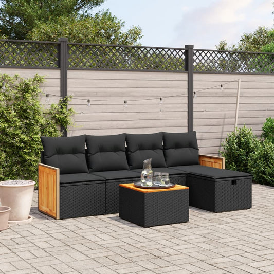 Salon de jardin 6 pcs avec coussins noir résine tressée