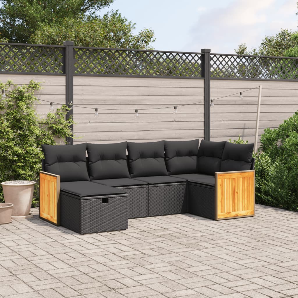 Salon de jardin 6 pcs avec coussins noir résine tressée