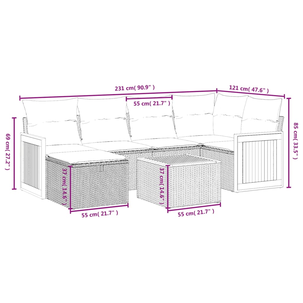 Salon de jardin avec coussins 7 pcs gris résine tressée