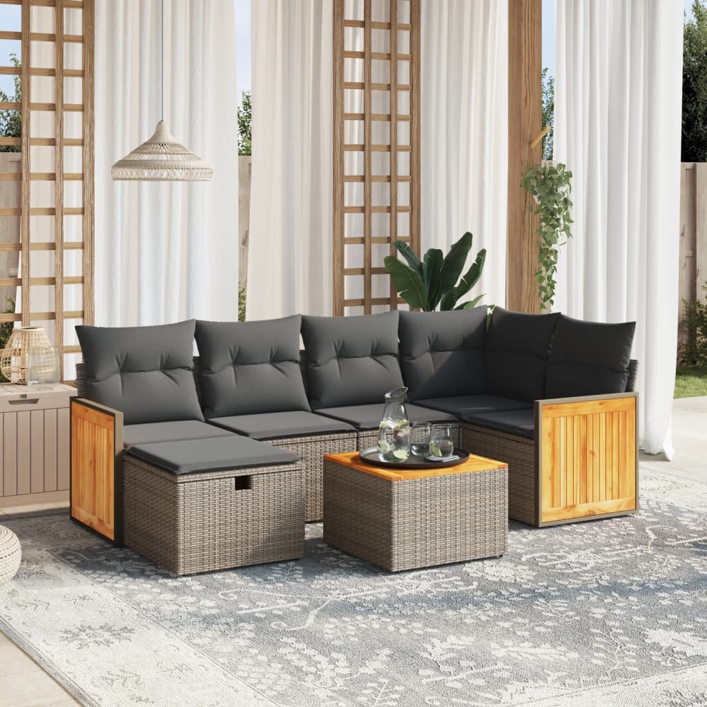 Salon de jardin avec coussins 7 pcs gris résine tressée