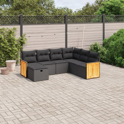 Salon de jardin 7 pcs avec coussins noir résine tressée