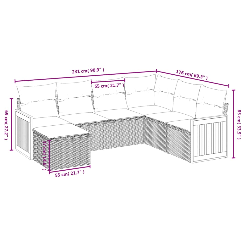 Salon de jardin avec coussins 7 pcs gris résine tressée