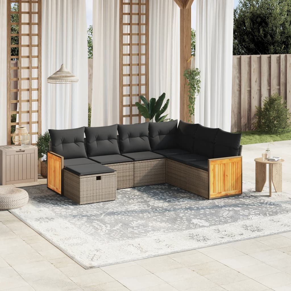 Salon de jardin avec coussins 7 pcs gris résine tressée