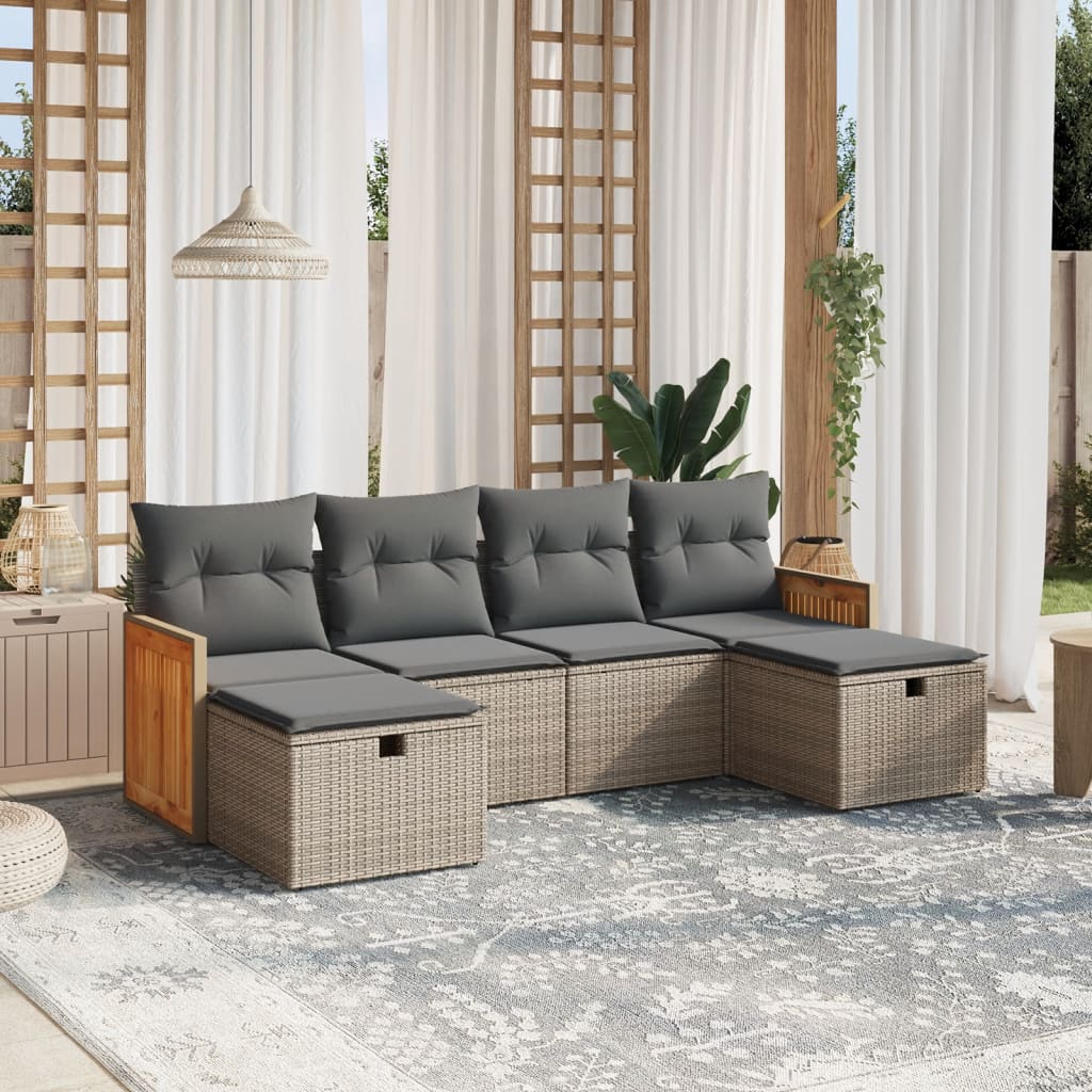 Salon de jardin 6 pcs avec coussins gris résine tressée