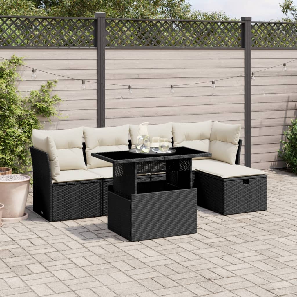 Salon de jardin 6 pcs avec coussins noir résine tressée