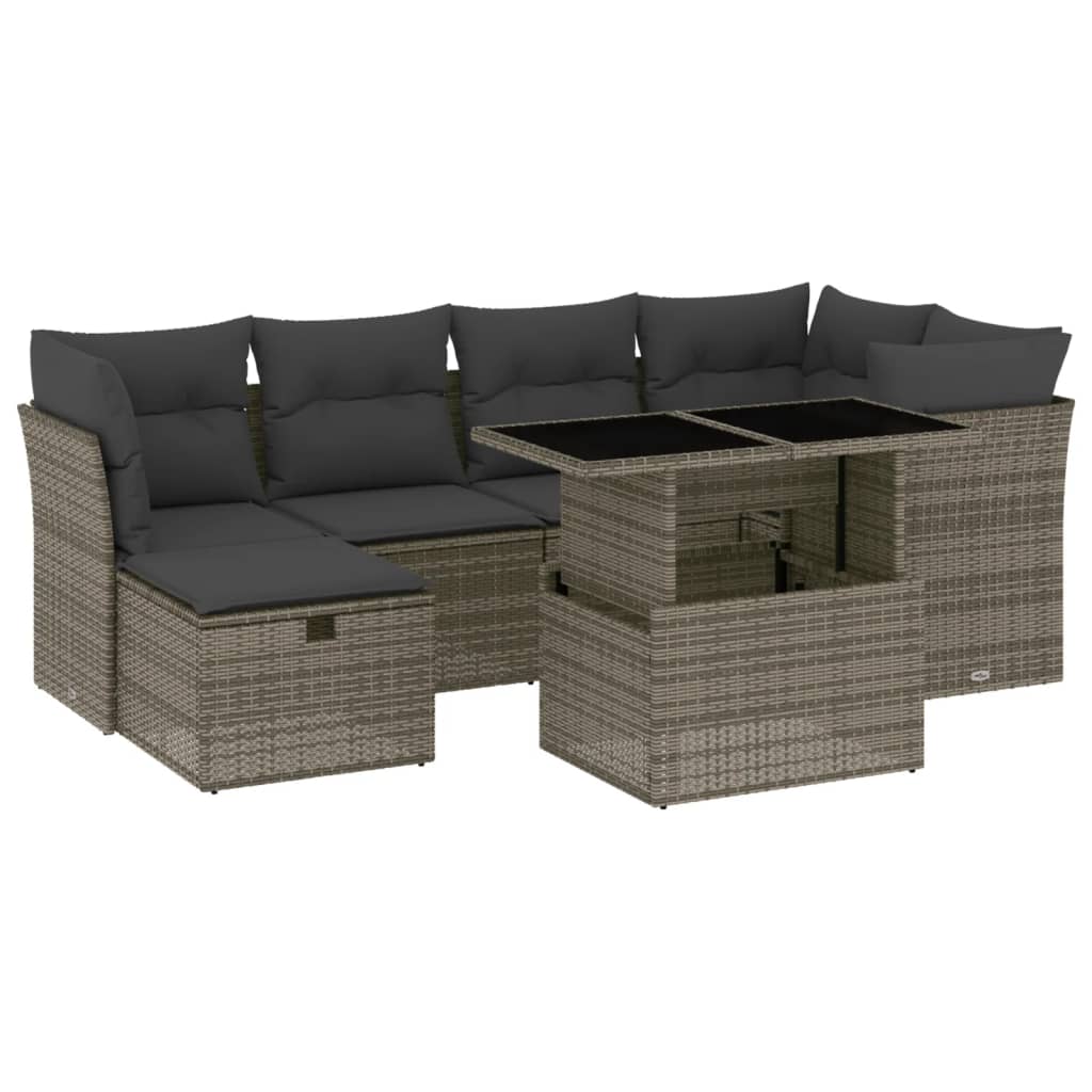 Salon de jardin avec coussins 7 pcs gris résine tressée