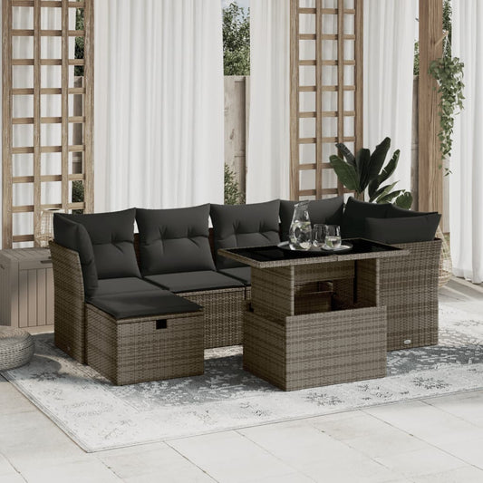 Salon de jardin avec coussins 7 pcs gris résine tressée