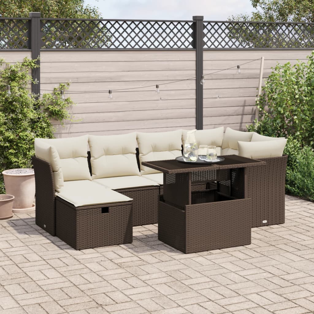 Salon de jardin avec coussins 7 pcs marron résine tressée