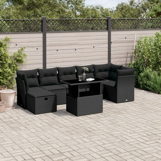 Salon de jardin 8 pcs avec coussins noir résine tressée