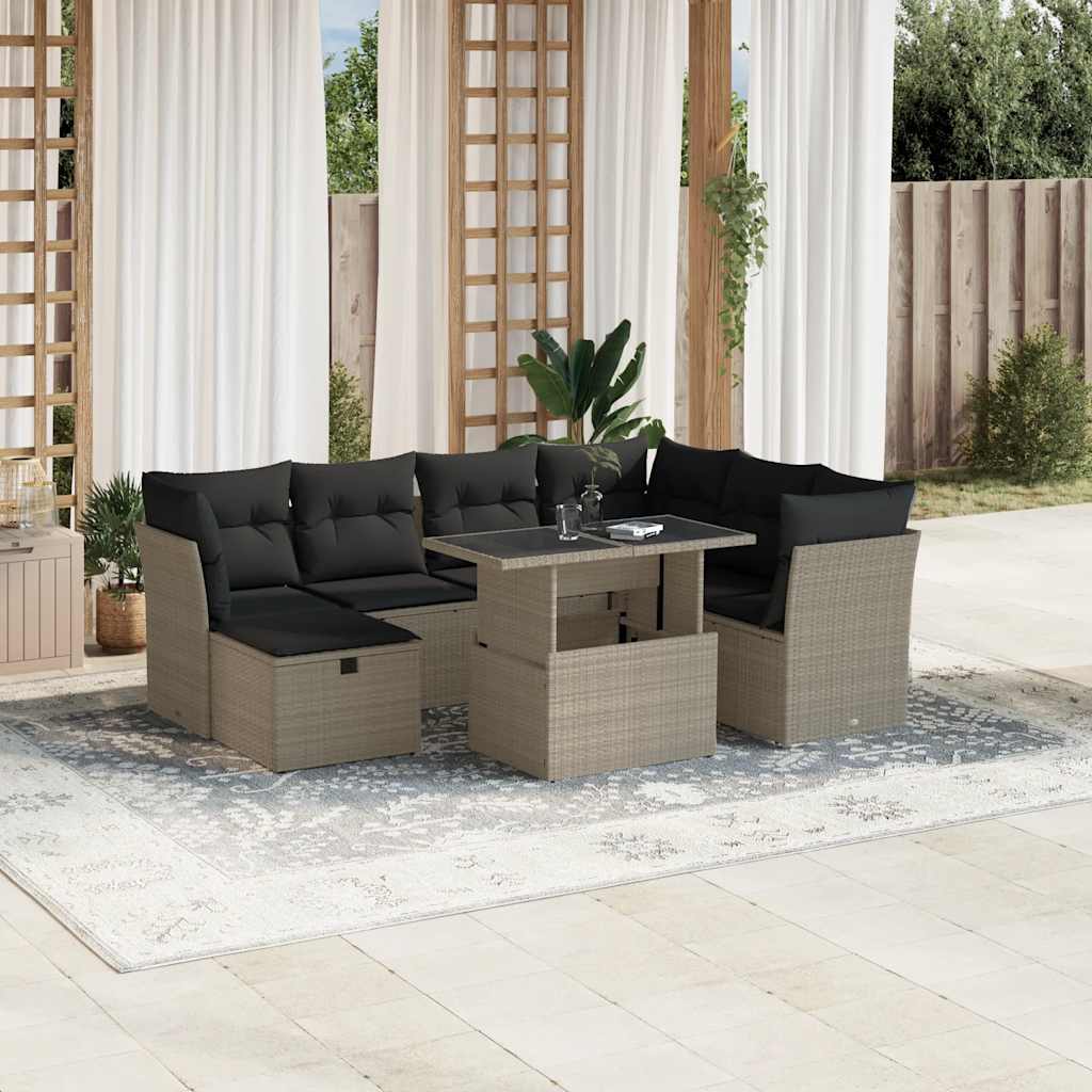 Salon de jardin 8 pcs avec coussins gris clair résine tressée