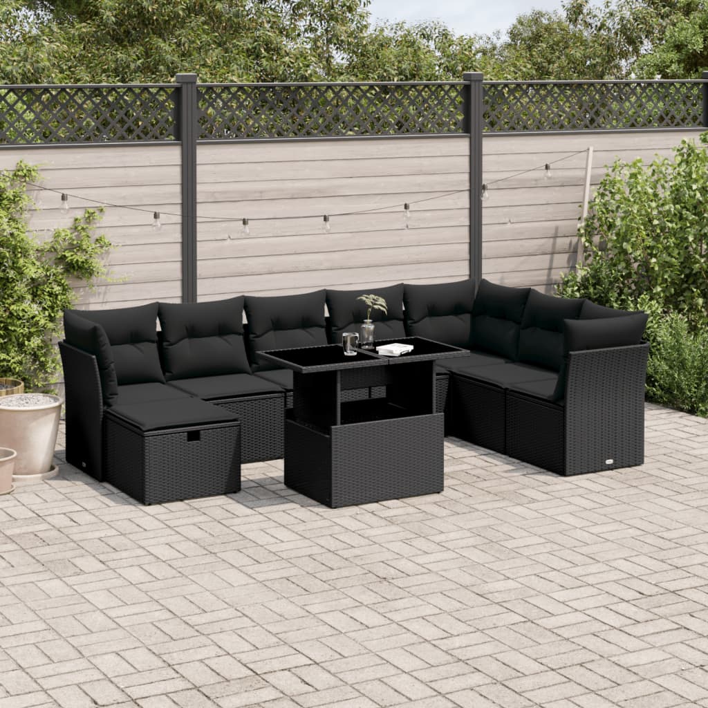 Salon de jardin 9 pcs avec coussins noir résine tressée