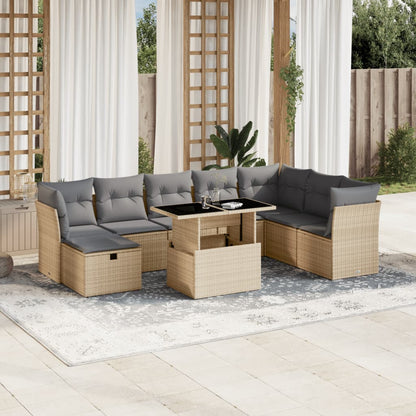 Salon de jardin avec coussins 9 pcs beige résine tressée