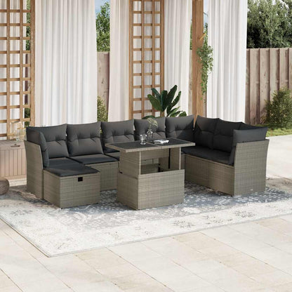 Salon de jardin 9 pcs avec coussins gris clair résine tressée