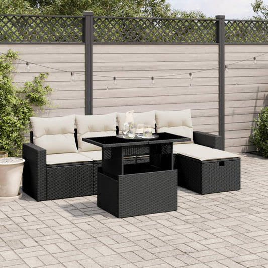 Salon de jardin 6 pcs avec coussins noir résine tressée