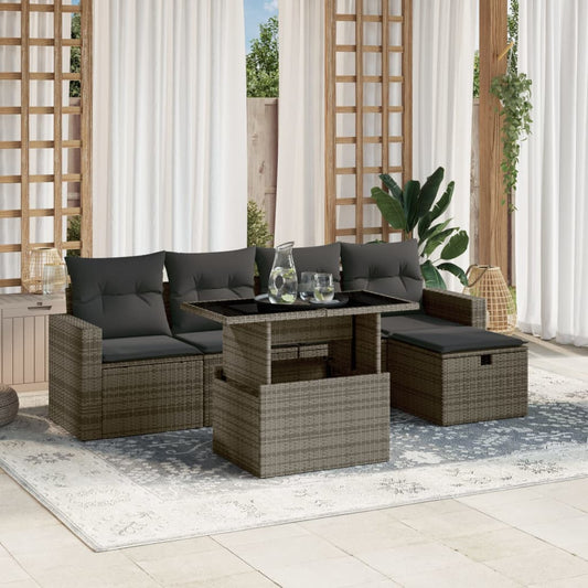 Salon de jardin 6 pcs avec coussins gris résine tressée