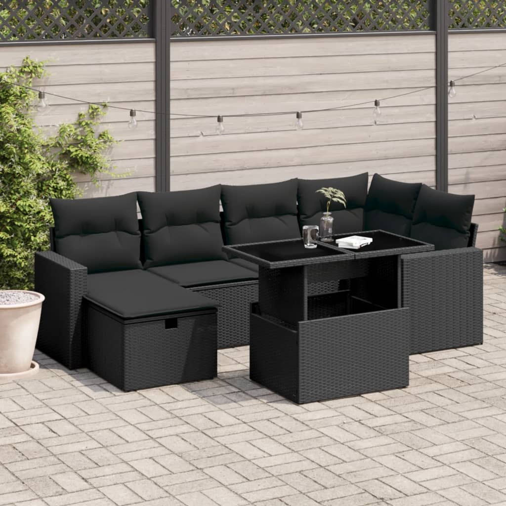 Salon de jardin 7 pcs avec coussins noir résine tressée