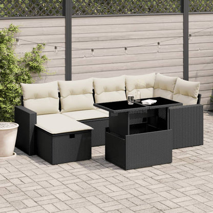 Salon de jardin 7 pcs avec coussins noir résine tressée