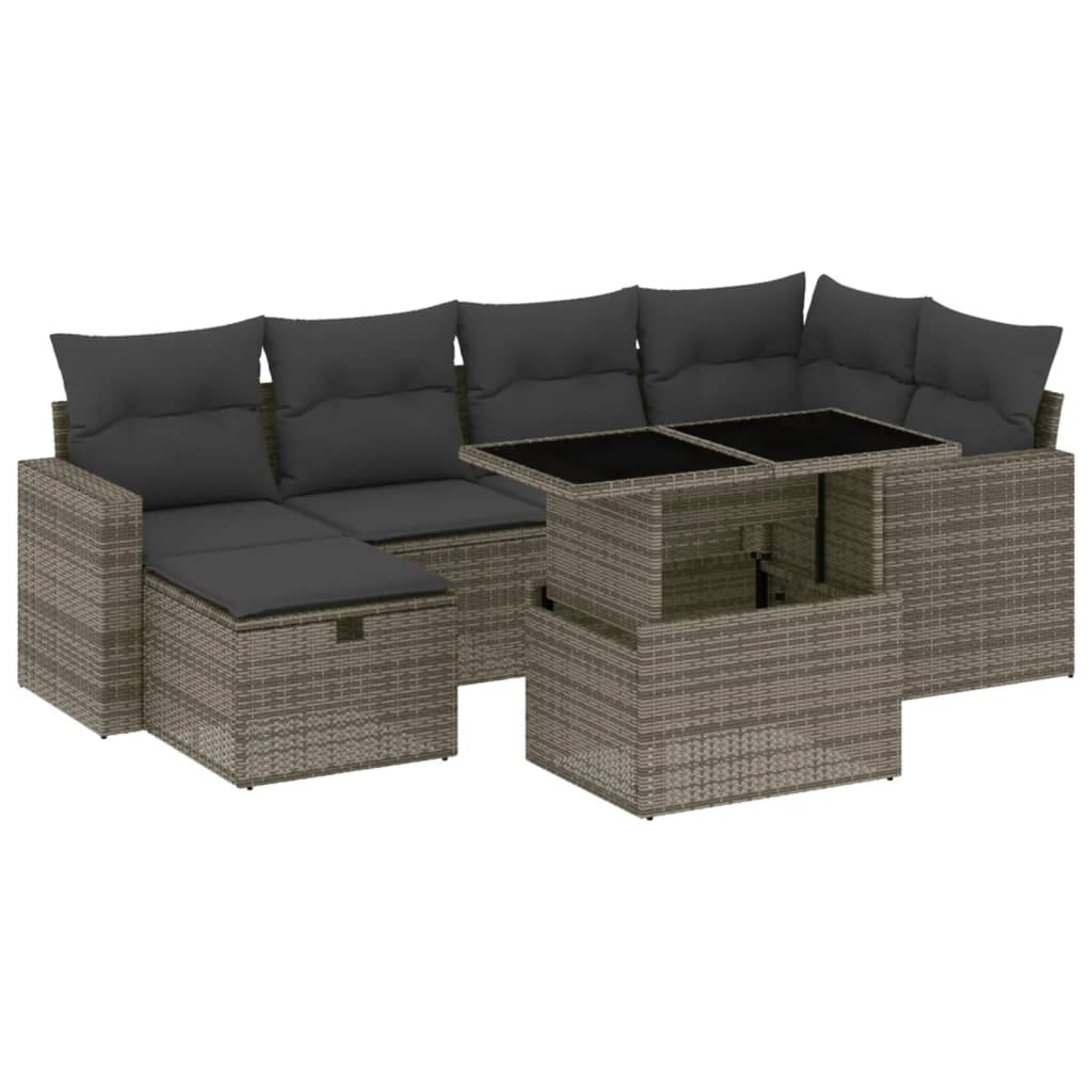 Salon de jardin avec coussins 7 pcs gris résine tressée