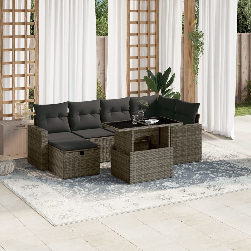 Salon de jardin avec coussins 7 pcs gris résine tressée