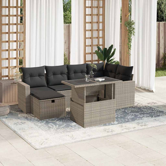 Salon de jardin avec coussins 7 pcs gris clair résine tressée