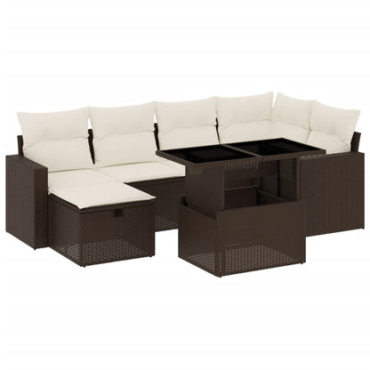 Salon de jardin avec coussins 7 pcs marron résine tressée