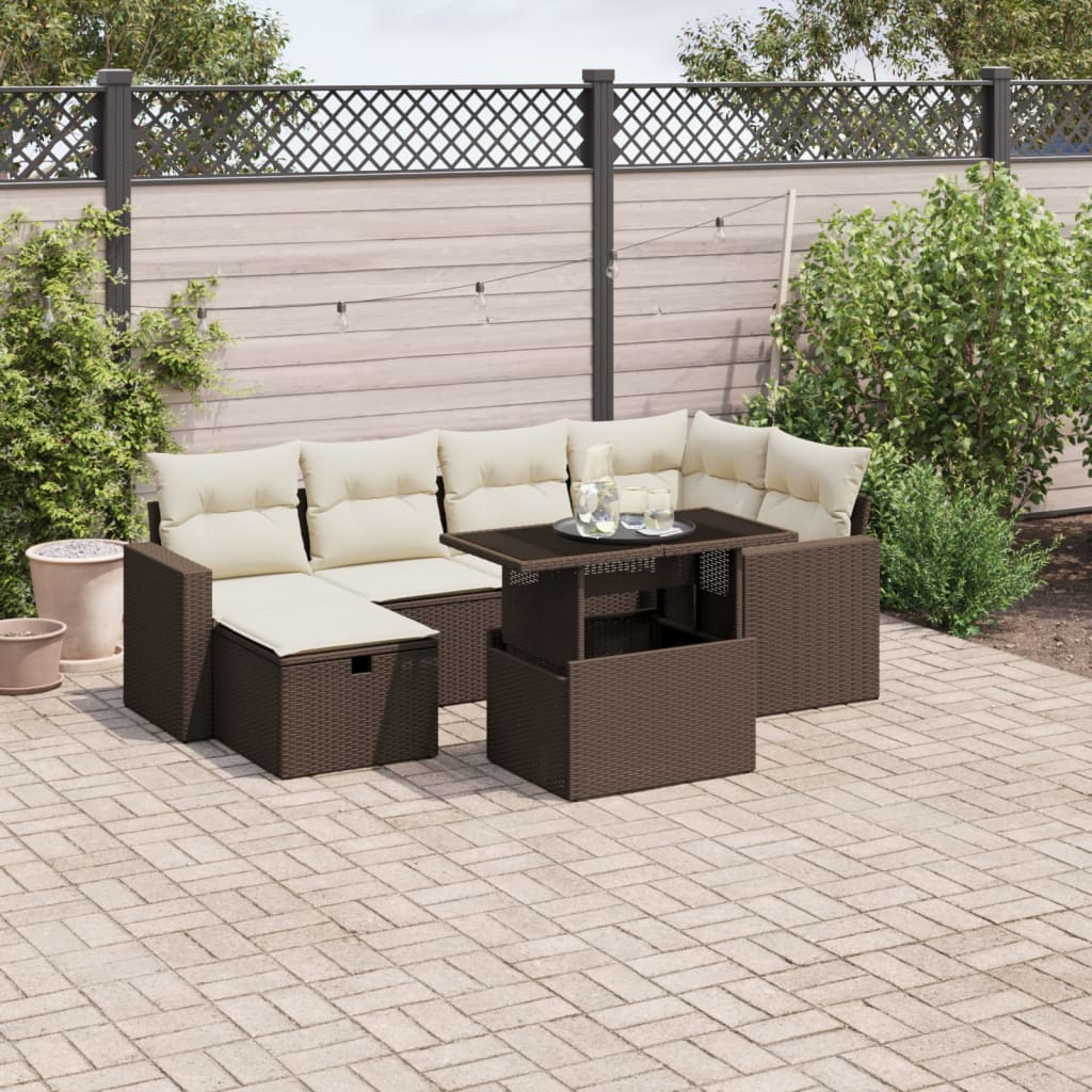 Salon de jardin avec coussins 7 pcs marron résine tressée