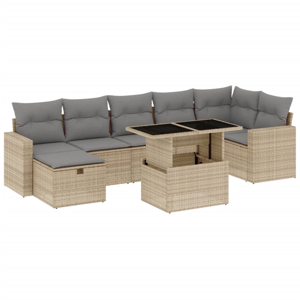 Salon de jardin avec coussins 8 pcs beige résine tressée