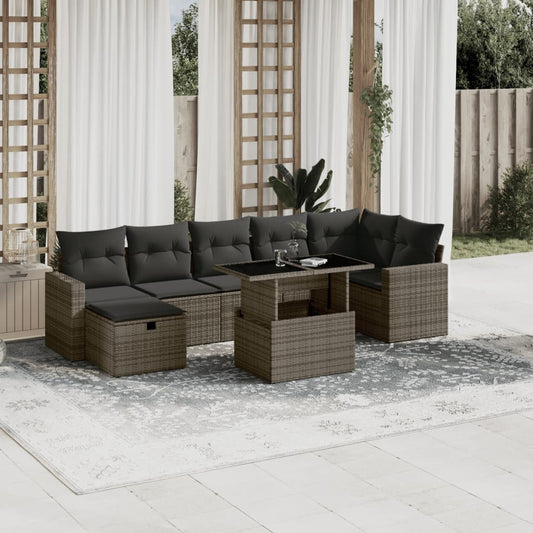 Salon de jardin 8 pcs avec coussins gris résine tressée