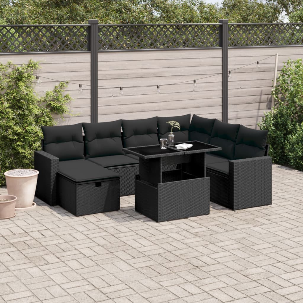 Salon de jardin 8 pcs avec coussins noir résine tressée