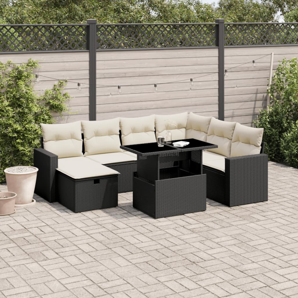 Salon de jardin 8 pcs avec coussins noir résine tressée