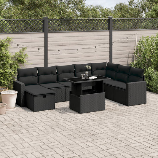 Salon de jardin 9 pcs avec coussins noir résine tressée