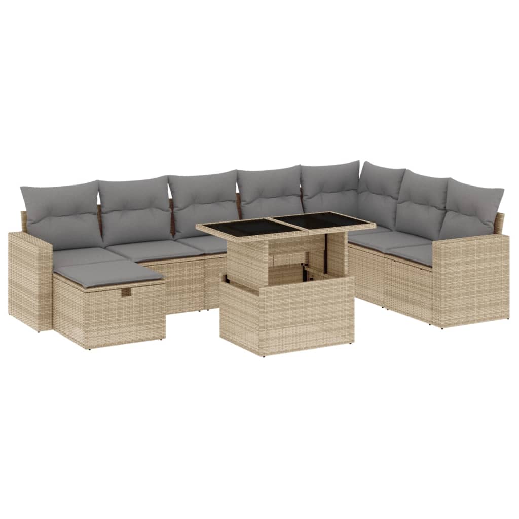 Salon de jardin avec coussins 9 pcs beige résine tressée