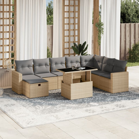 Salon de jardin avec coussins 9 pcs beige résine tressée