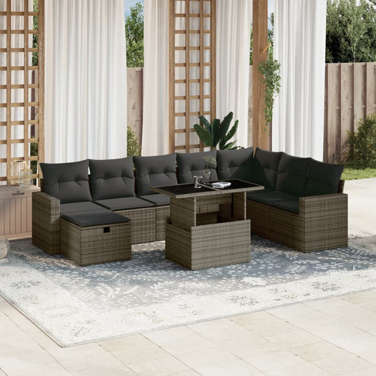 Salon de jardin 9 pcs avec coussins gris résine tressée