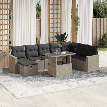 Salon de jardin 9 pcs avec coussins gris clair résine tressée