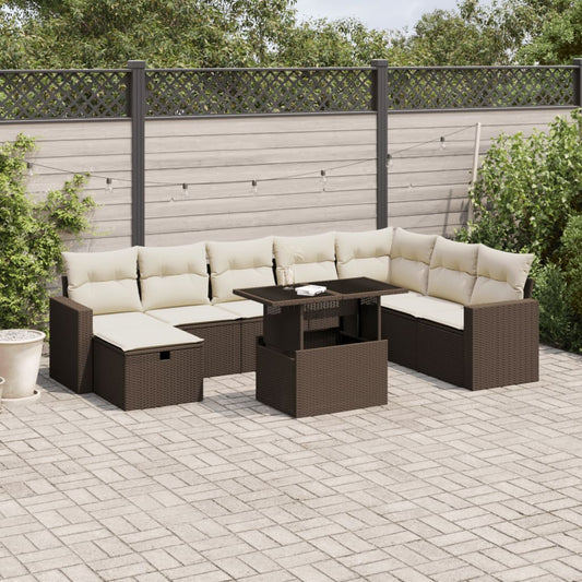 Salon de jardin avec coussins 9 pcs marron résine tressée