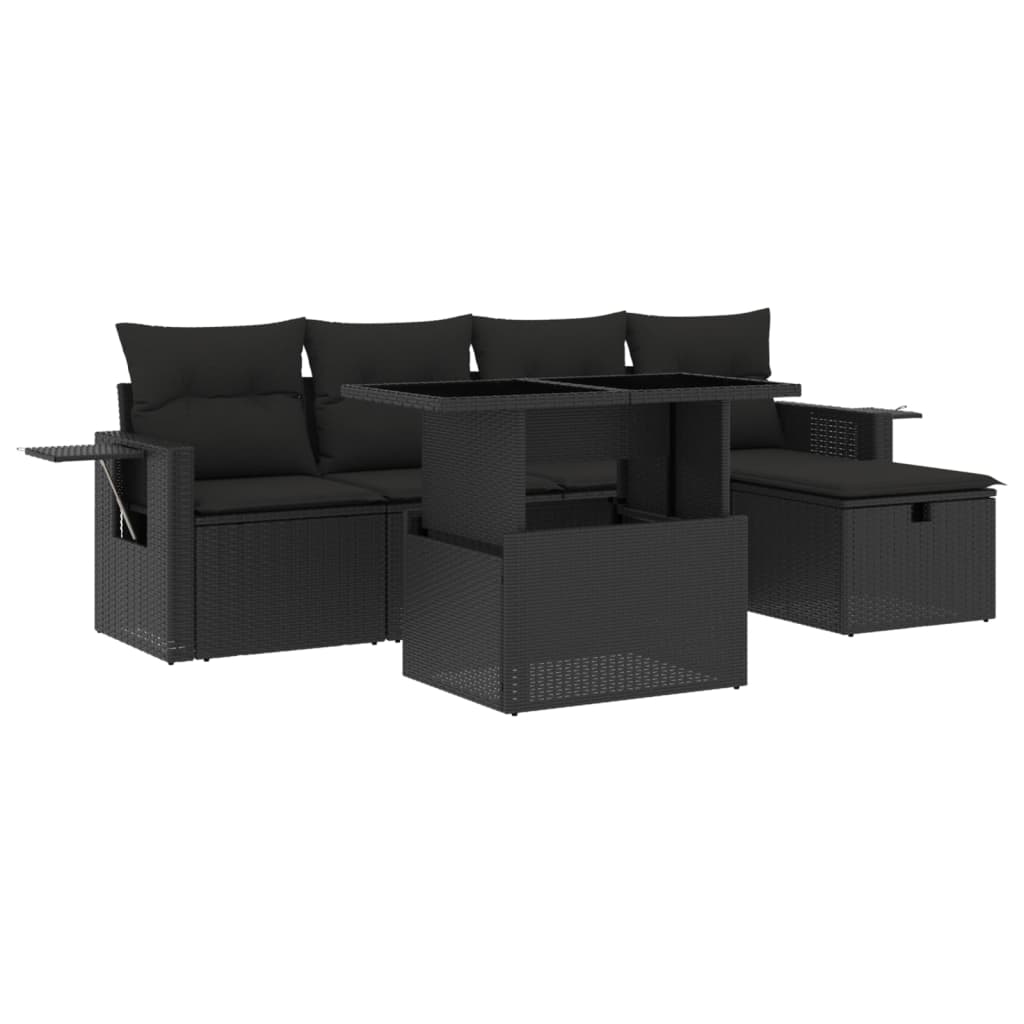 Salon de jardin 6 pcs avec coussins noir résine tressée