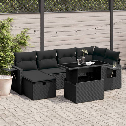 Salon de jardin 7 pcs avec coussins noir résine tressée