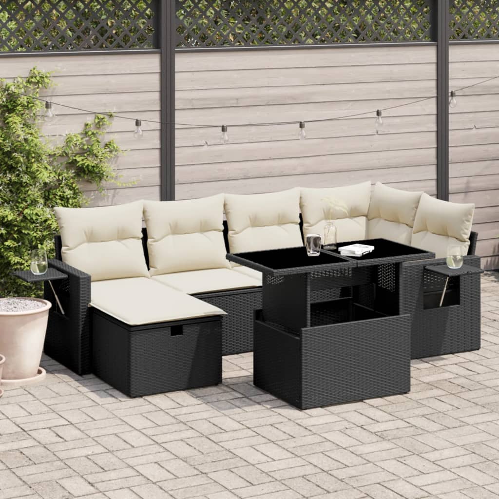 Salon de jardin 7 pcs avec coussins noir résine tressée