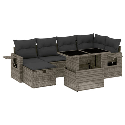 Salon de jardin avec coussins 7 pcs gris résine tressée