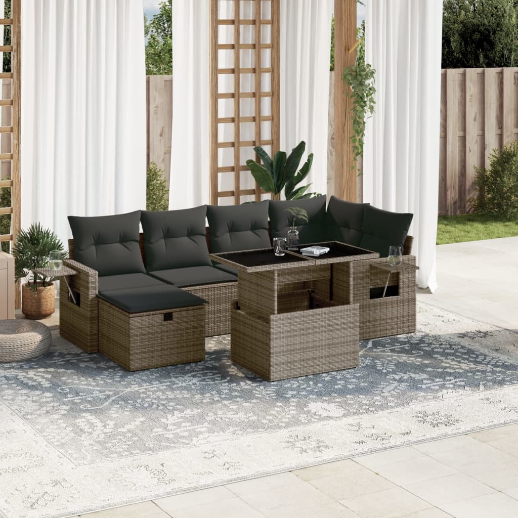 Salon de jardin avec coussins 7 pcs gris résine tressée