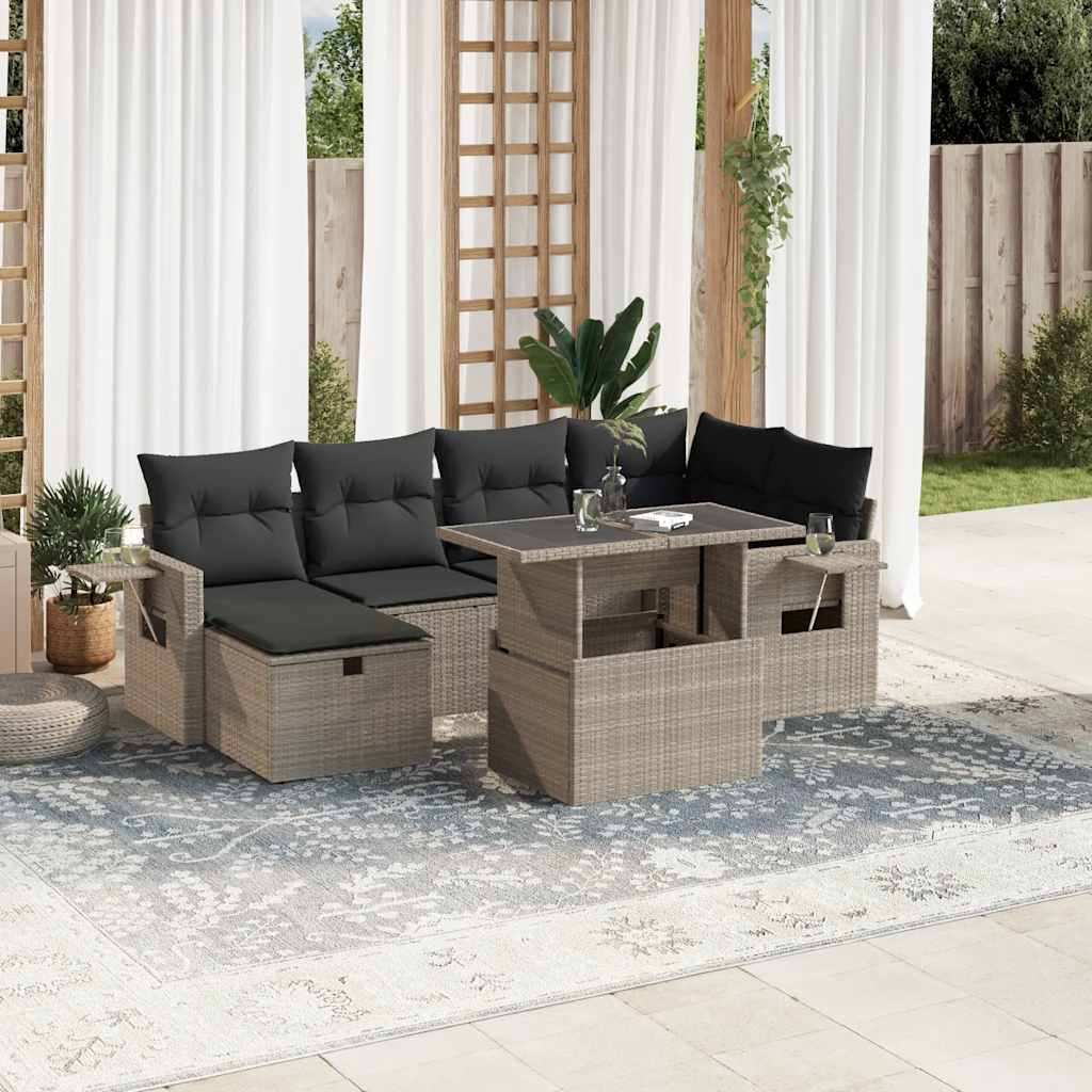 Salon de jardin avec coussins 7 pcs gris clair résine tressée