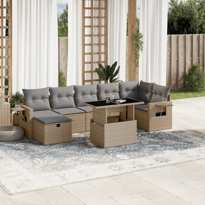 Salon de jardin avec coussins 8 pcs beige résine tressée