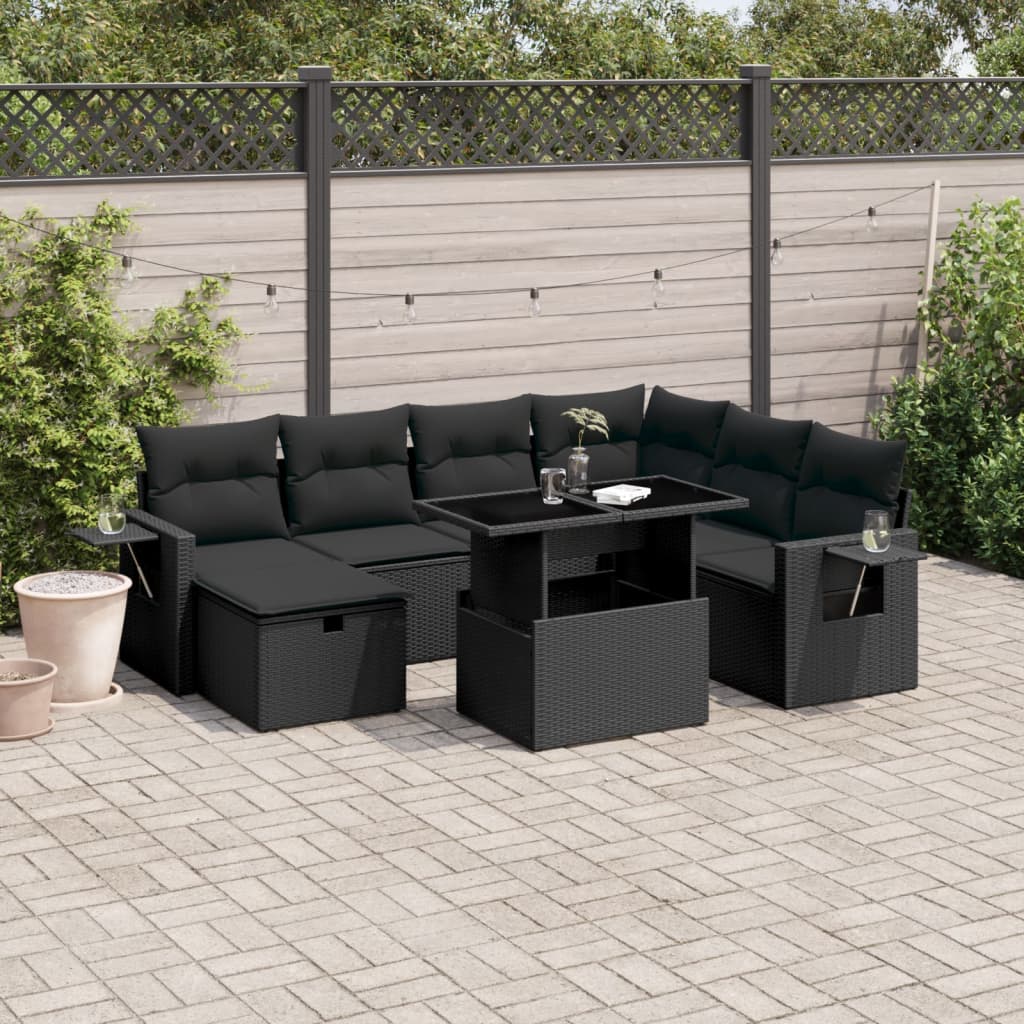 Salon de jardin 8 pcs avec coussins noir résine tressée