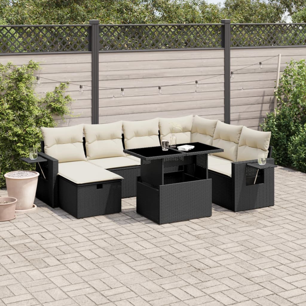 Salon de jardin 8 pcs avec coussins noir résine tressée