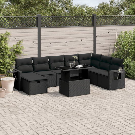 Salon de jardin 9 pcs avec coussins noir résine tressée