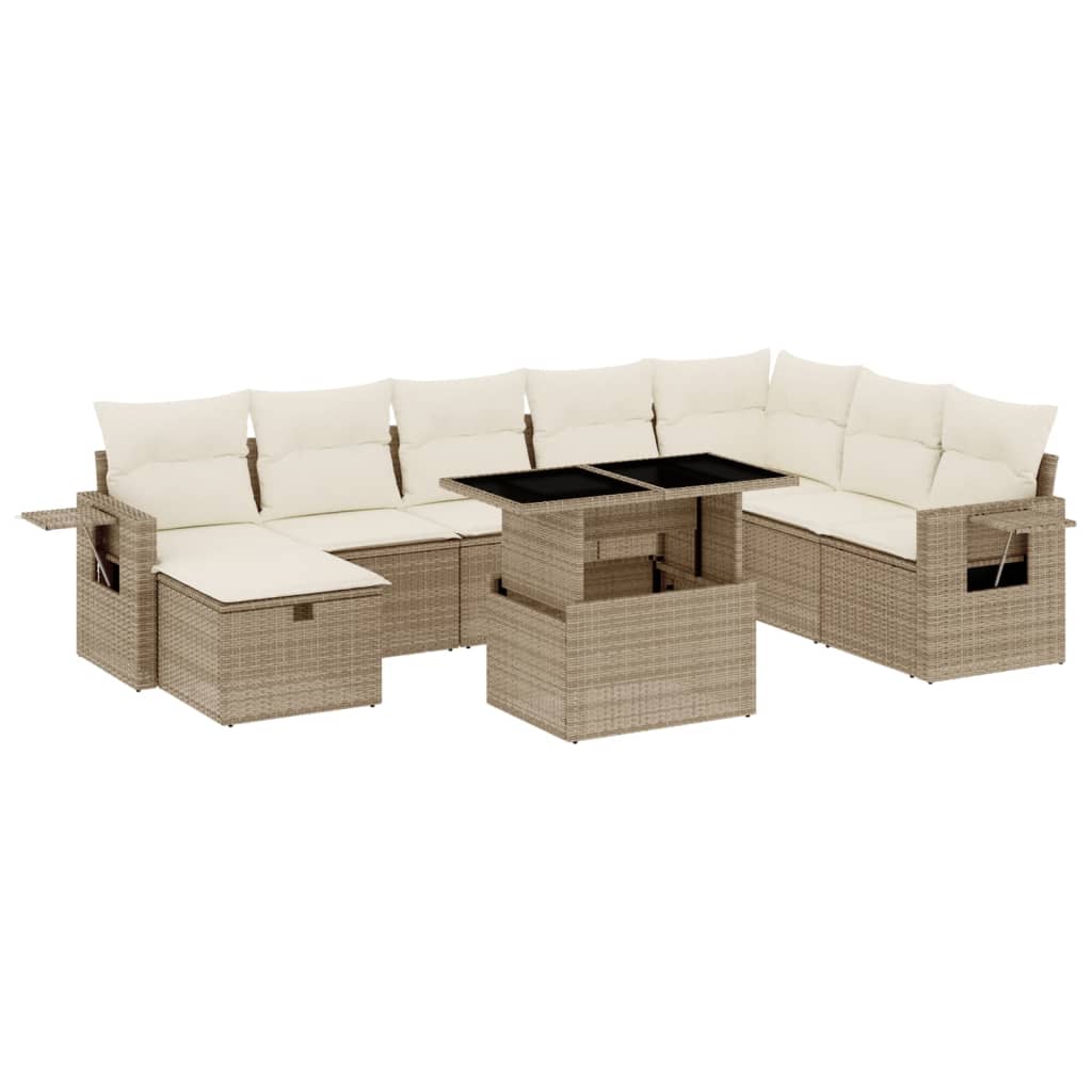 Salon de jardin avec coussins 9 pcs beige résine tressée